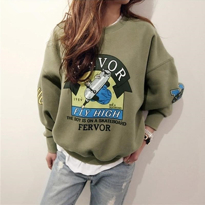 2020 Winter Autumn New Harajuku Funny Cartoon Tracksuit for Women Pullover Fleece Hoodies Loose Female Sweatshirt Army Green 2XL